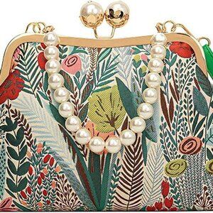Elegant Vintage Floral Embroidered Kiss Lock Handbag - Top Handle & Crossbody